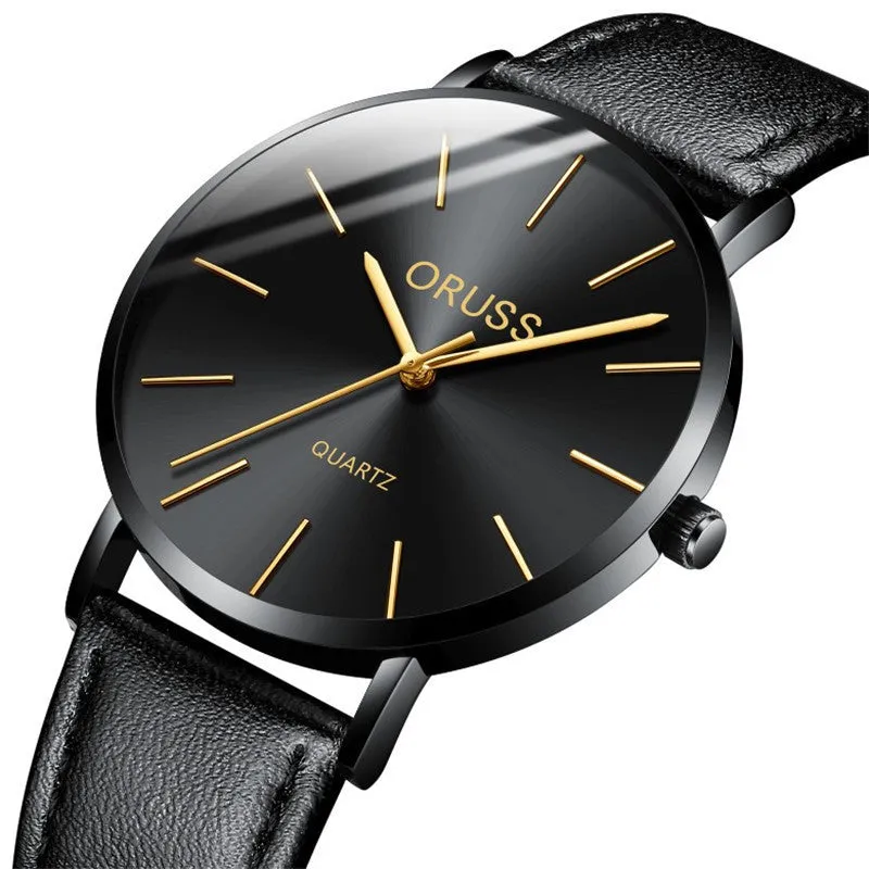 Men's ultra-thin quartz belt watch with alloy case, mineral glass mirror, black dial, and leather-style strap