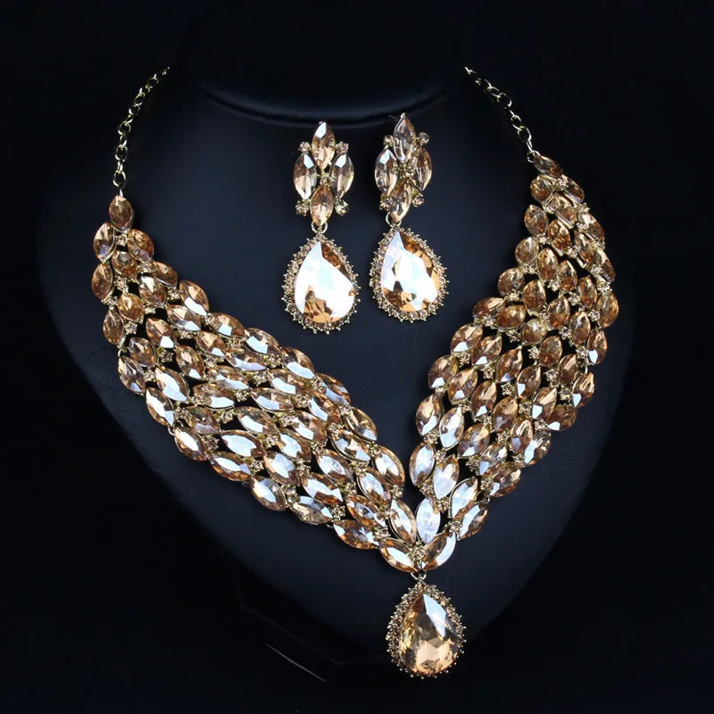 Luxury full drill bridal necklace and clavicle chain set in champagne colour