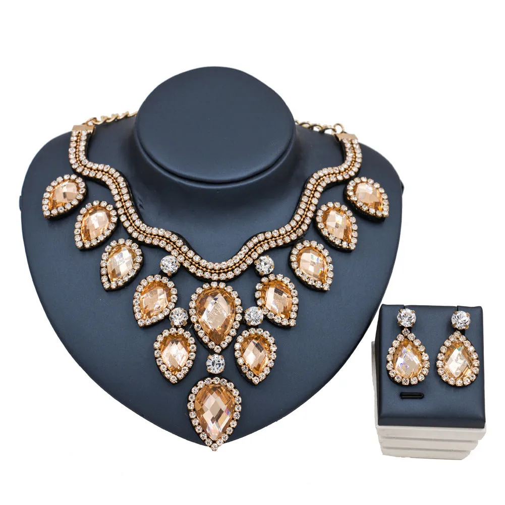 Colourful exaggerated bride necklace and earring set with gold accents for wedding