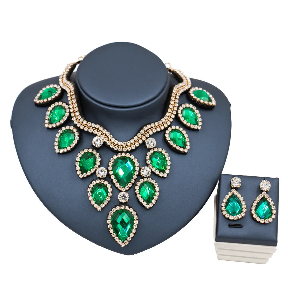 Colourful exaggerated bride necklace and earring set with gold accents for wedding