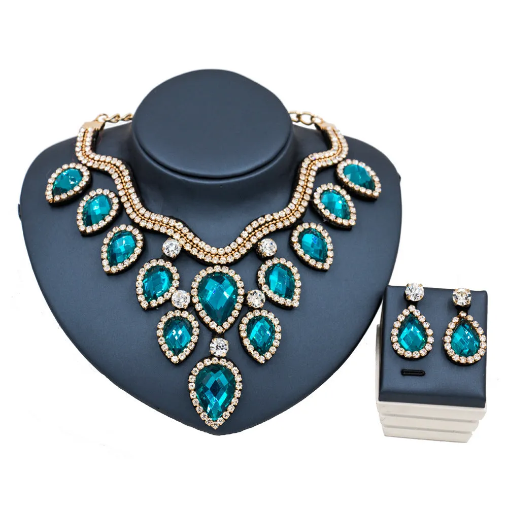 Colourful exaggerated bride necklace and earring set with gold accents for wedding