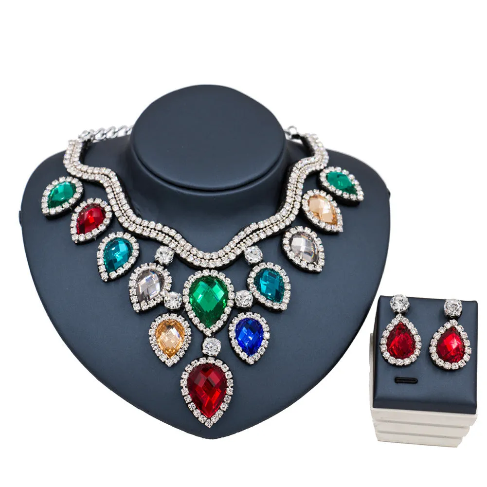 Colourful exaggerated bride necklace and earring set with gold accents for wedding