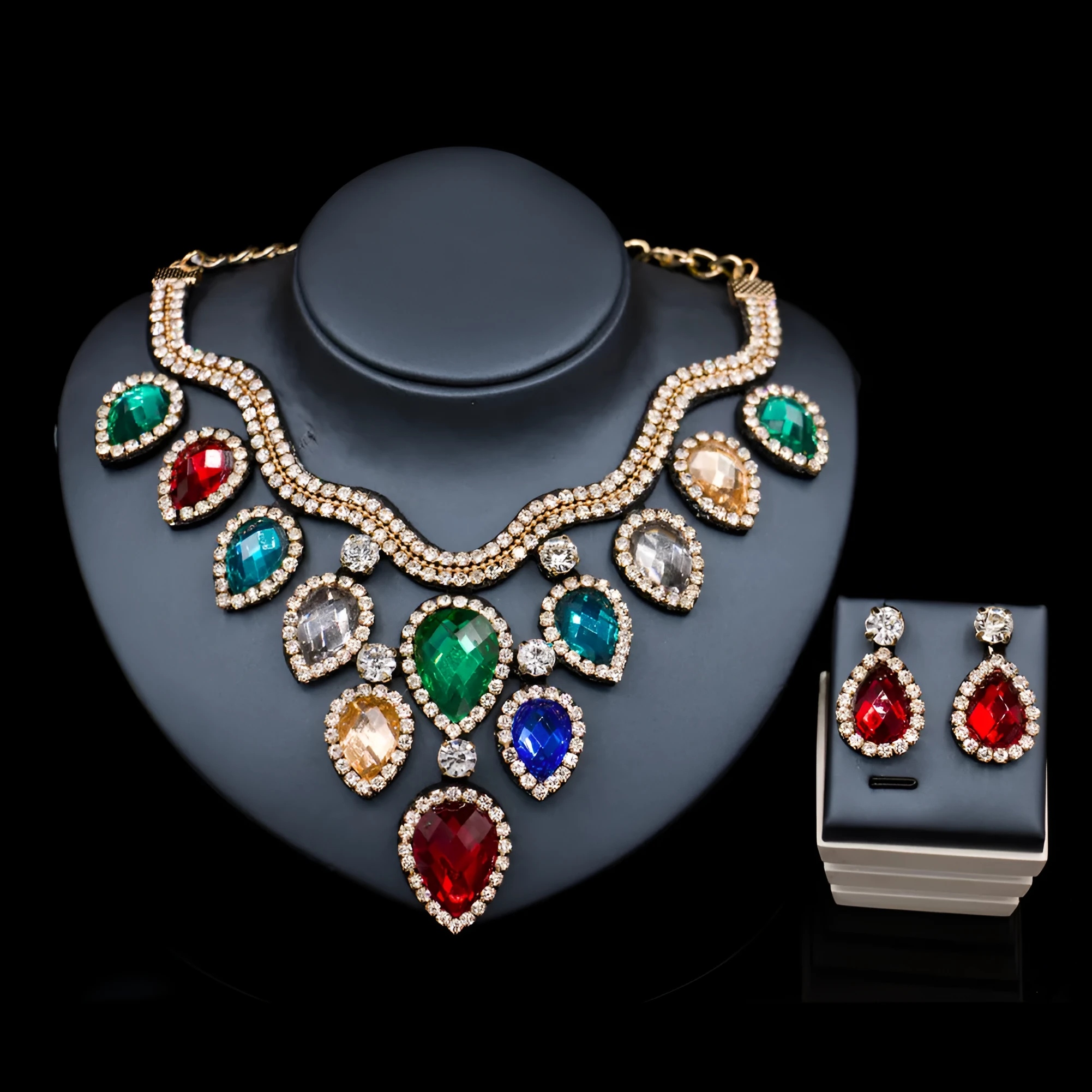 Colourful exaggerated bride necklace and earring set with gold accents for wedding