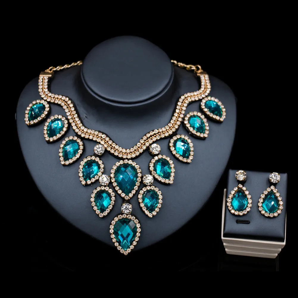 Colourful exaggerated bride necklace and earring set with gold accents for wedding