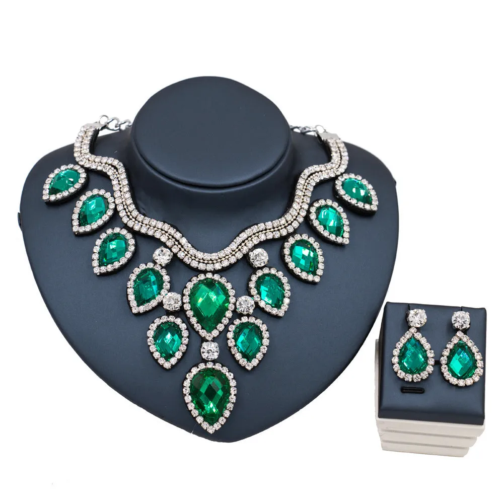 Colourful exaggerated bride necklace and earring set with gold accents for wedding
