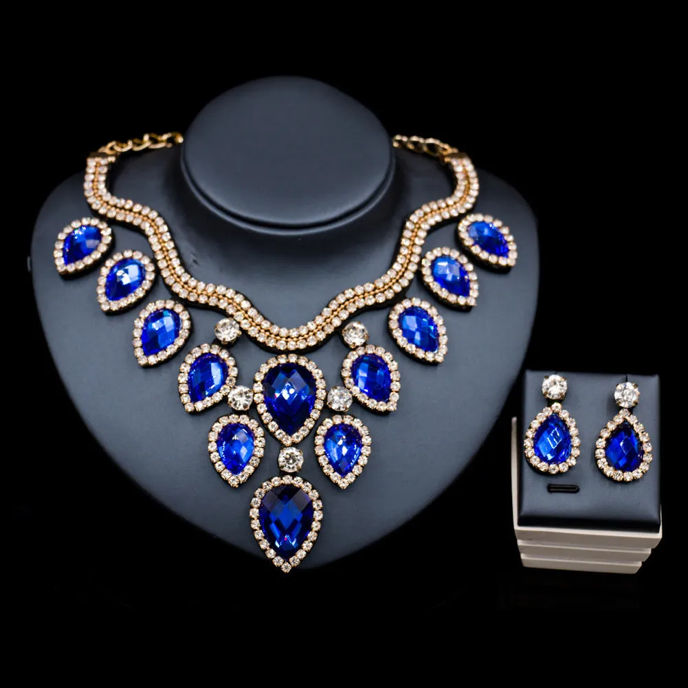 Colourful exaggerated bride necklace and earring set with gold accents for wedding