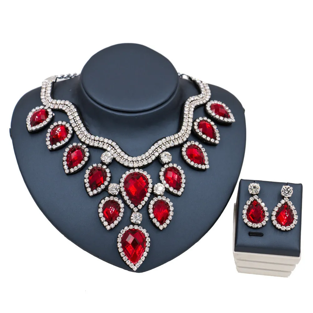 Colourful exaggerated bride necklace and earring set with gold accents for wedding