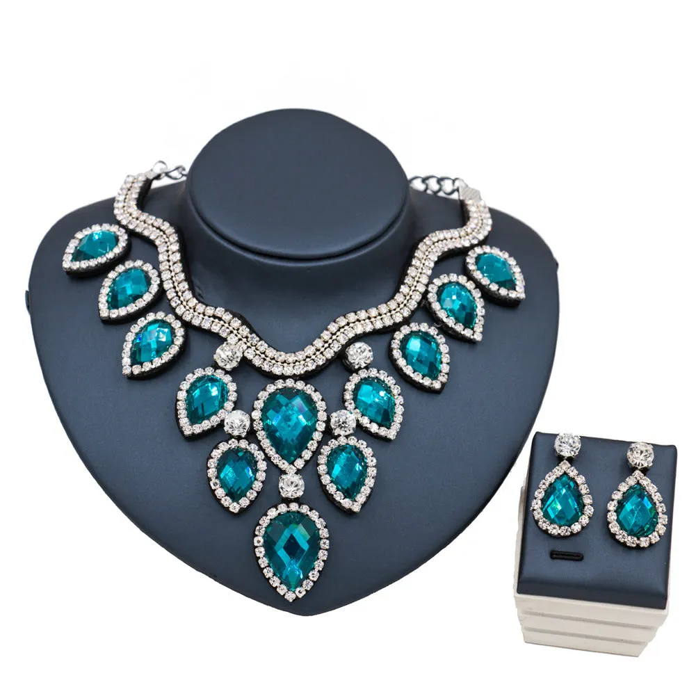 Colourful exaggerated bride necklace and earring set with gold accents for wedding