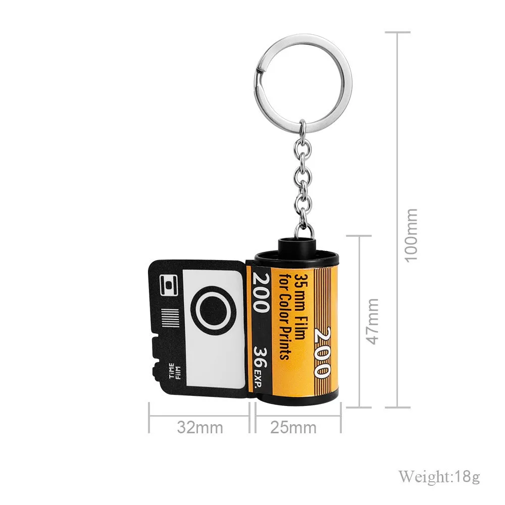 Custom film keychain with ten photographs on a film strip and a rewinder accessory