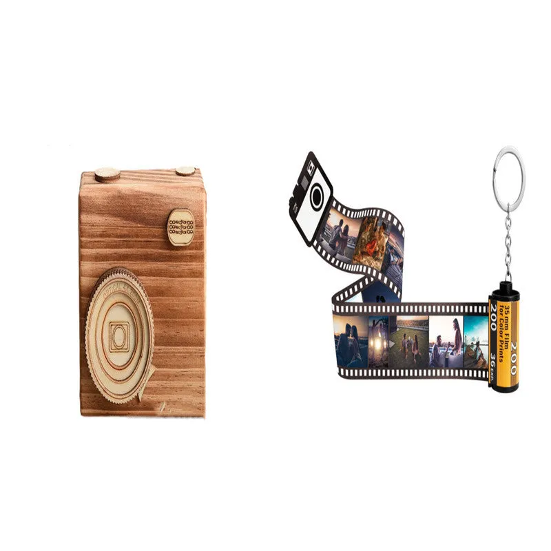 Custom film keychain with ten photographs on a film strip and a rewinder accessory