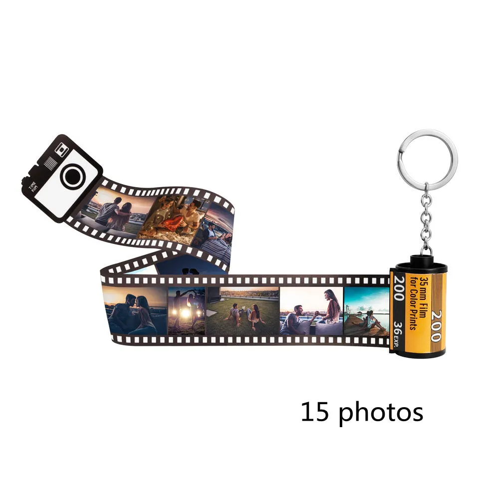 Custom film keychain with ten photographs on a film strip and a rewinder accessory
