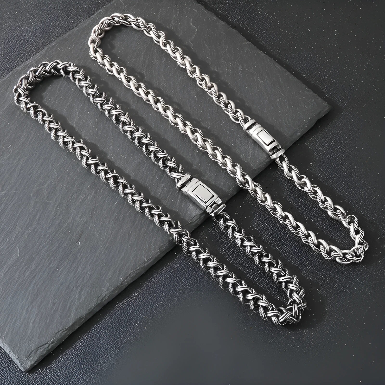 Men's antique silver titanium steel keel chain necklace with large hemp flowers links.