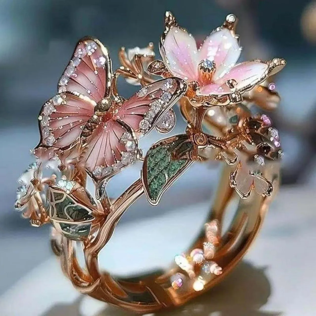 INS Flower Butterfly Ring with Rhinestones and Oil Dropping Design Fashion Personalized Jewelry for Women Open Mouth Alloy Butterfly Ring Adjustable Size