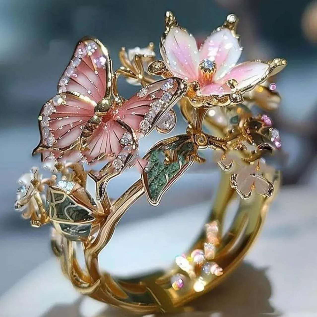 INS Flower Butterfly Ring with Rhinestones and Oil Dropping Design Fashion Personalized Jewelry for Women Open Mouth Alloy Butterfly Ring Adjustable Size