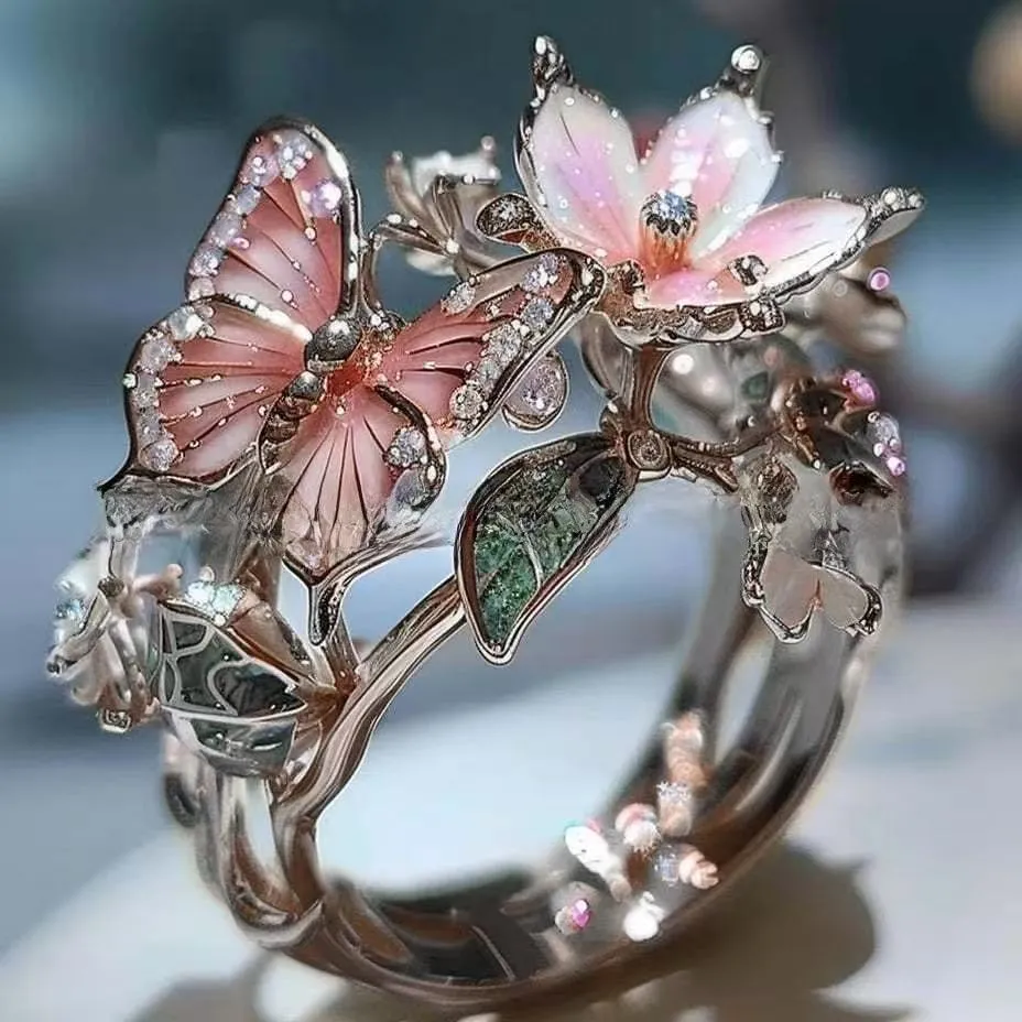 INS Flower Butterfly Ring with Rhinestones and Oil Dropping Design Fashion Personalized Jewelry for Women Open Mouth Alloy Butterfly Ring Adjustable Size