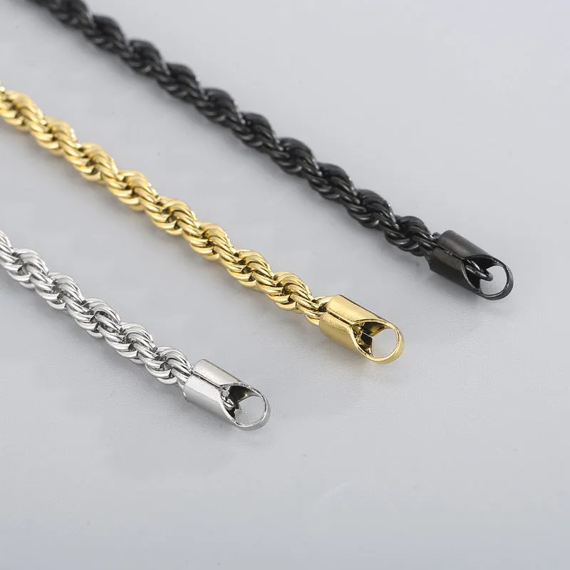 Gold double colour twist chain titanium steel bracelet with geometric design on white background