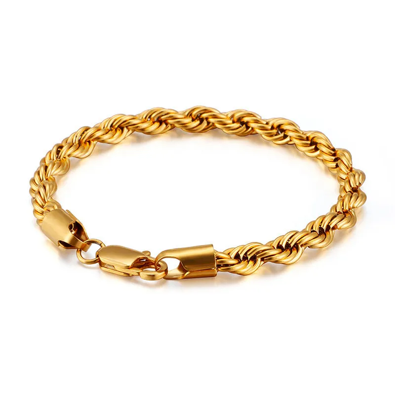 Gold double colour twist chain titanium steel bracelet with geometric design on white background