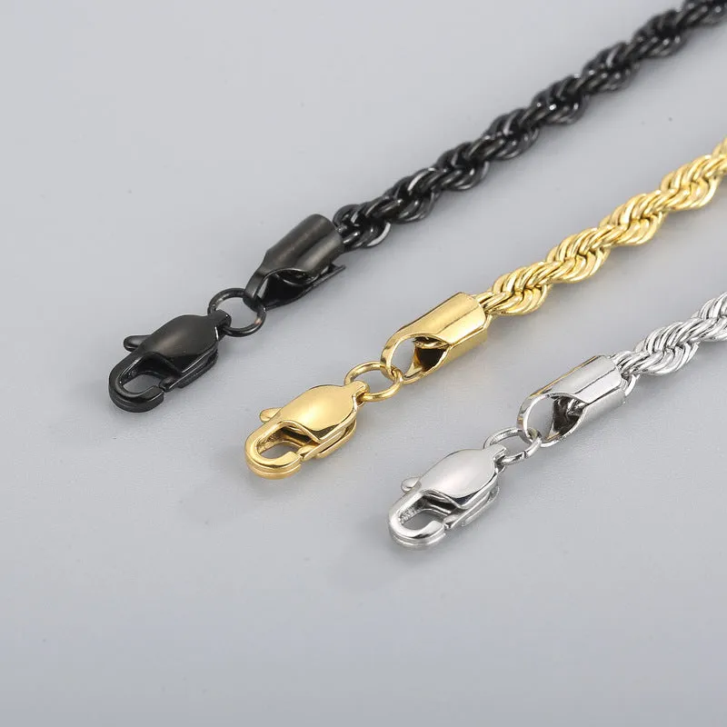 Gold double colour twist chain titanium steel bracelet with geometric design on white background