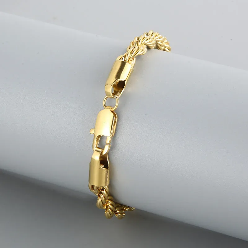 Gold double colour twist chain titanium steel bracelet with geometric design on white background