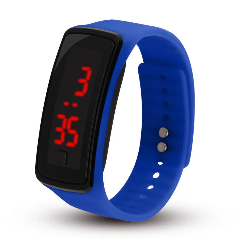 LED bracelet watch with digital display, rectangular plastic case, and plastic strap on a white background