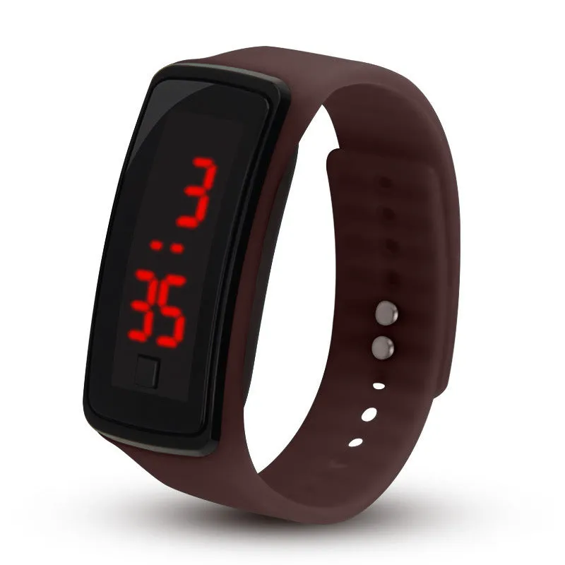 LED bracelet watch with digital display, rectangular plastic case, and plastic strap on a white background