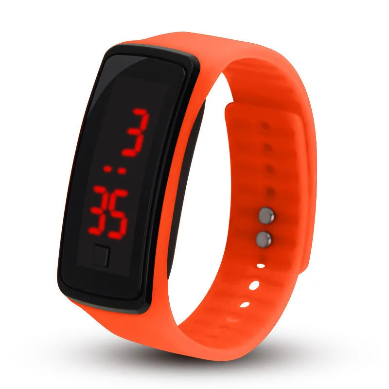 LED bracelet watch with digital display, rectangular plastic case, and plastic strap on a white background