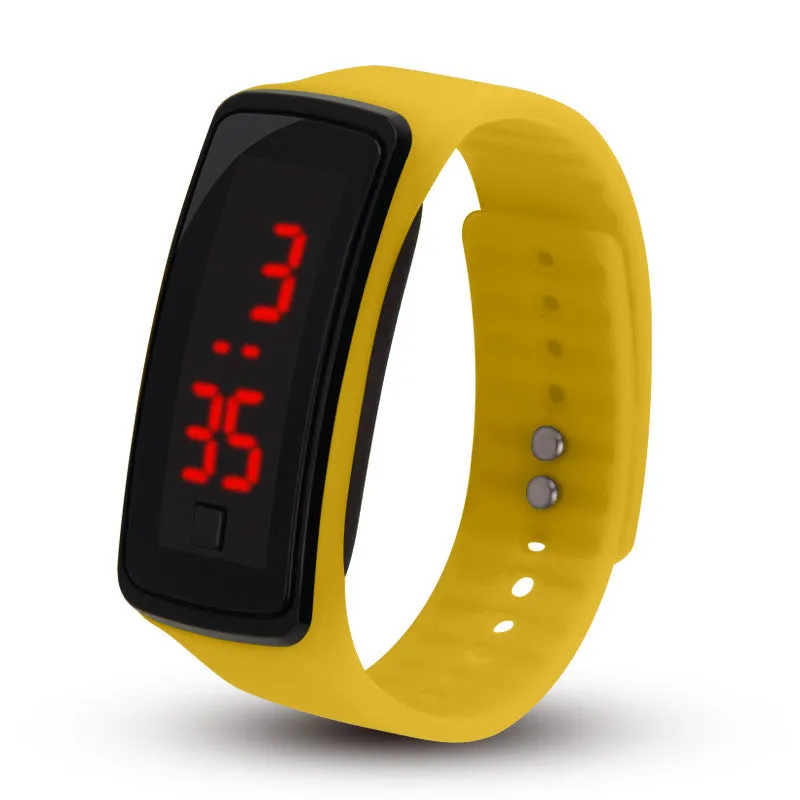 LED bracelet watch with digital display, rectangular plastic case, and plastic strap on a white background