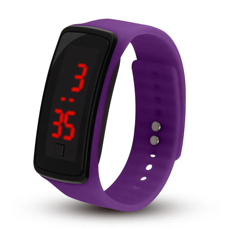 LED bracelet watch with digital display, rectangular plastic case, and plastic strap on a white background