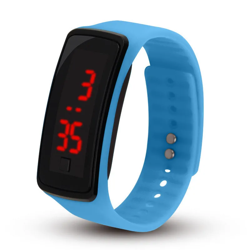 LED bracelet watch with digital display, rectangular plastic case, and plastic strap on a white background