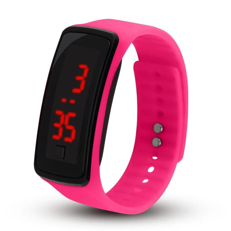 LED bracelet watch with digital display, rectangular plastic case, and plastic strap on a white background