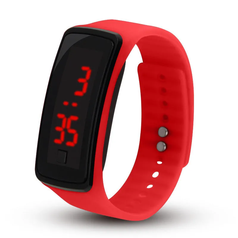 LED bracelet watch with digital display, rectangular plastic case, and plastic strap on a white background