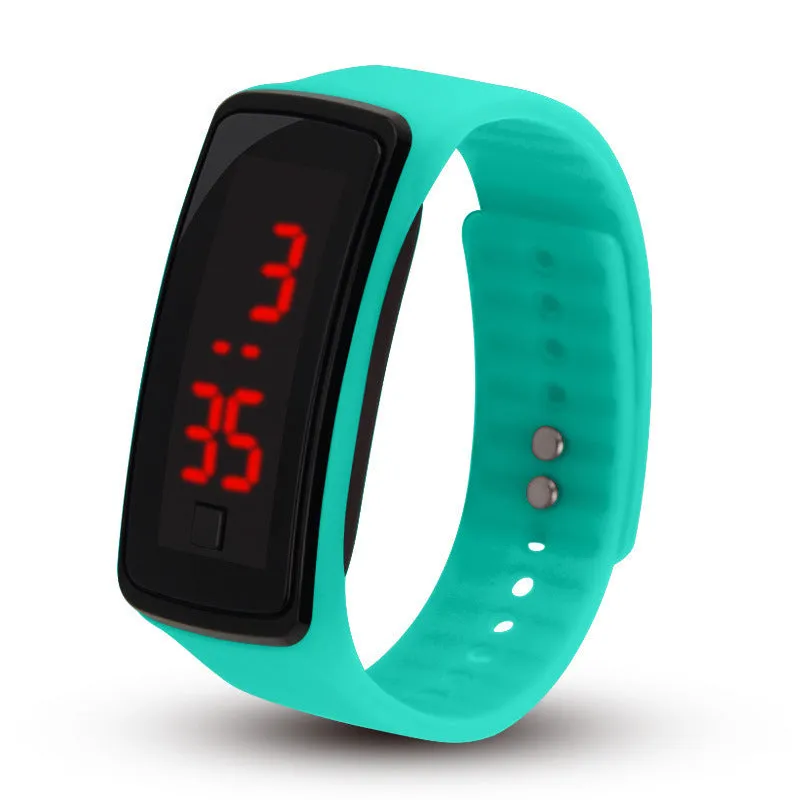 LED bracelet watch with digital display, rectangular plastic case, and plastic strap on a white background