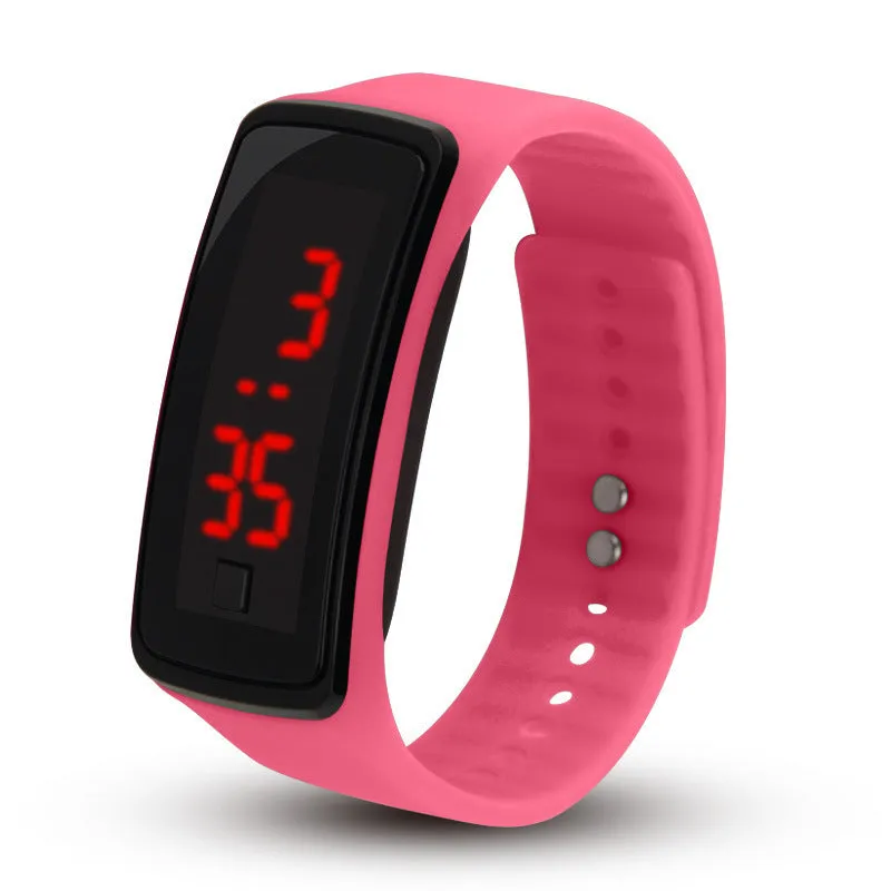 LED bracelet watch with digital display, rectangular plastic case, and plastic strap on a white background