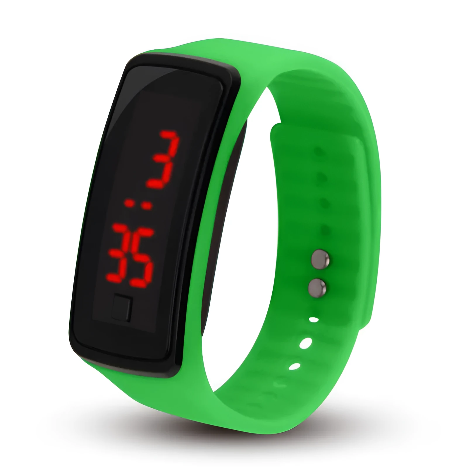 LED bracelet watch with digital display, rectangular plastic case, and plastic strap on a white background