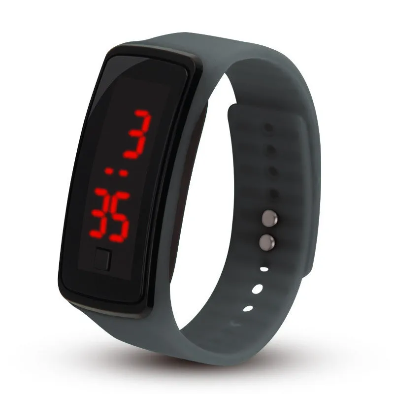 LED bracelet watch with digital display, rectangular plastic case, and plastic strap on a white background