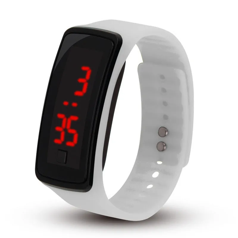 LED bracelet watch with digital display, rectangular plastic case, and plastic strap on a white background