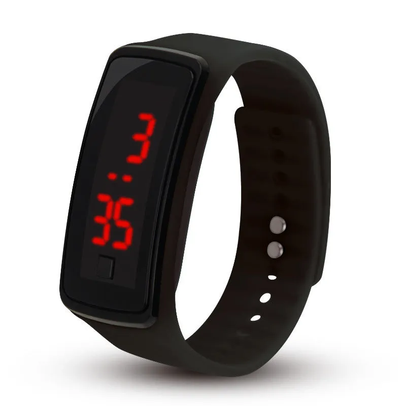 LED bracelet watch with digital display, rectangular plastic case, and plastic strap on a white background