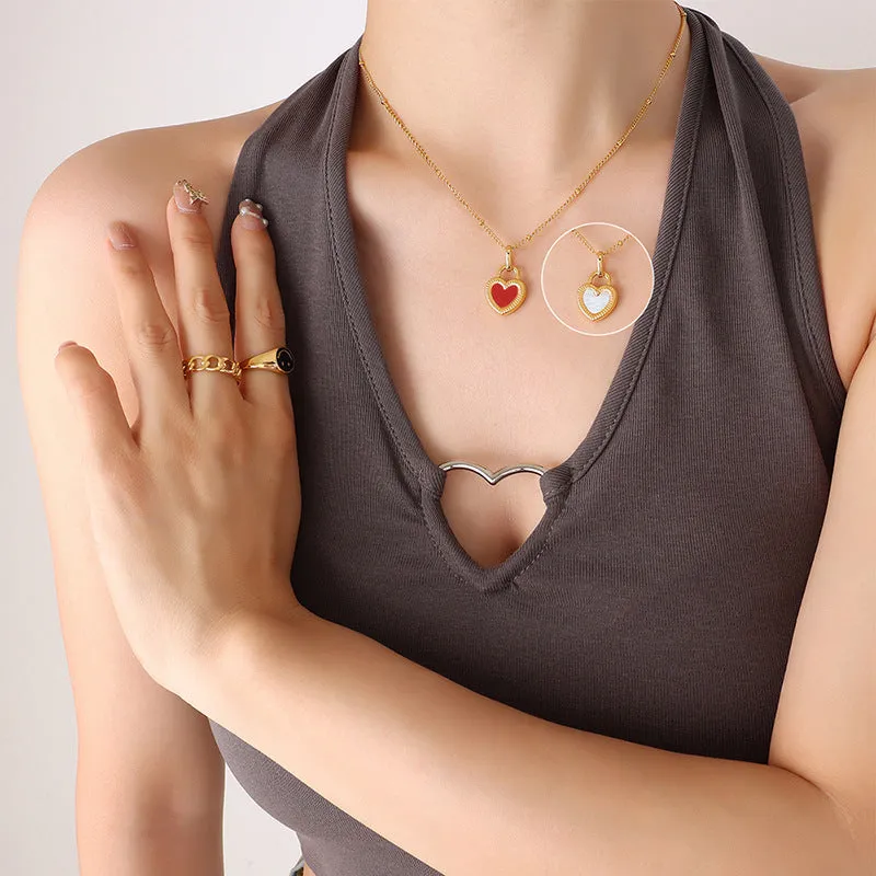 Double-sided colour heart pendant necklace in titanium steel, 40+5cm chain, black and white colour option.