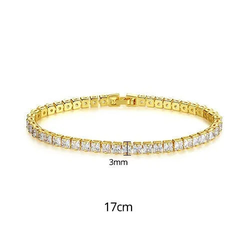 Simple copper tennis bracelet with zircon inlay for women, golden finish, geometric hot drilling style