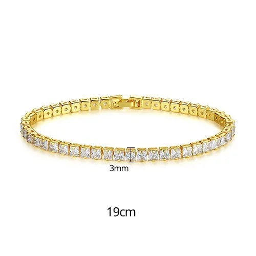Simple copper tennis bracelet with zircon inlay for women, golden finish, geometric hot drilling style