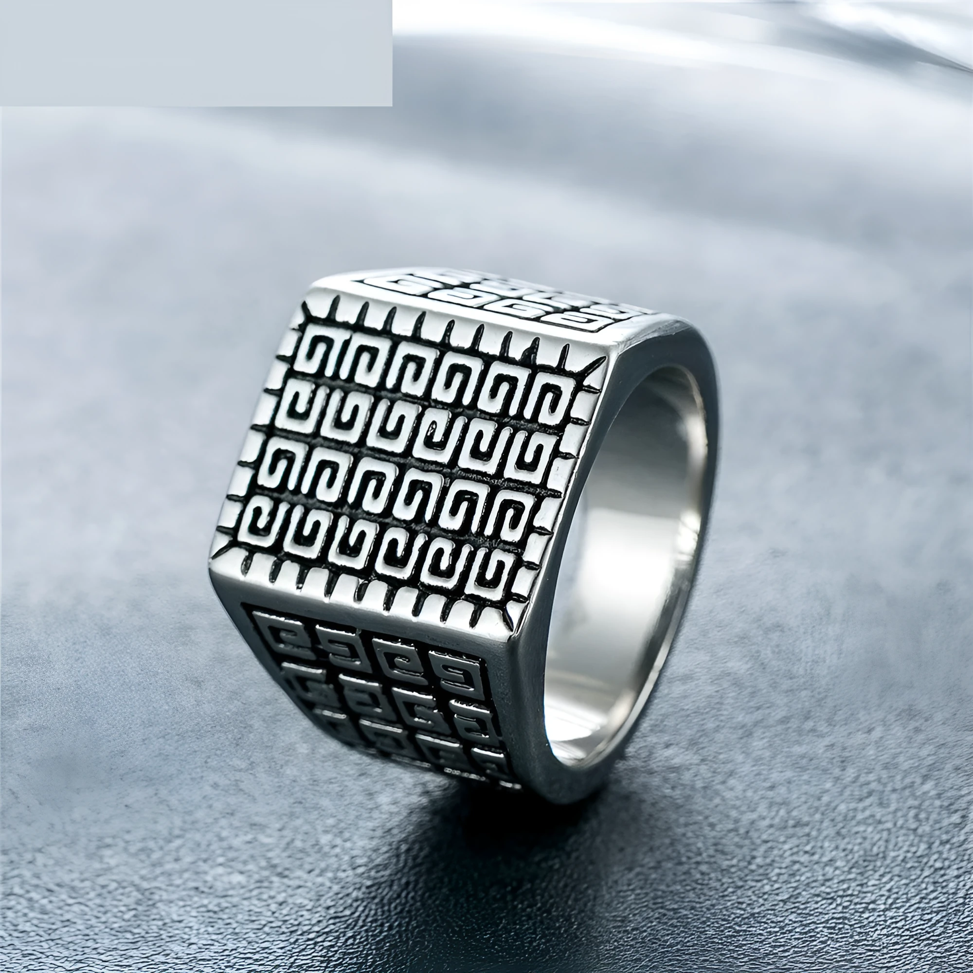 Square simple mens stainless steel ring in retro style, silver colour, size No. 10