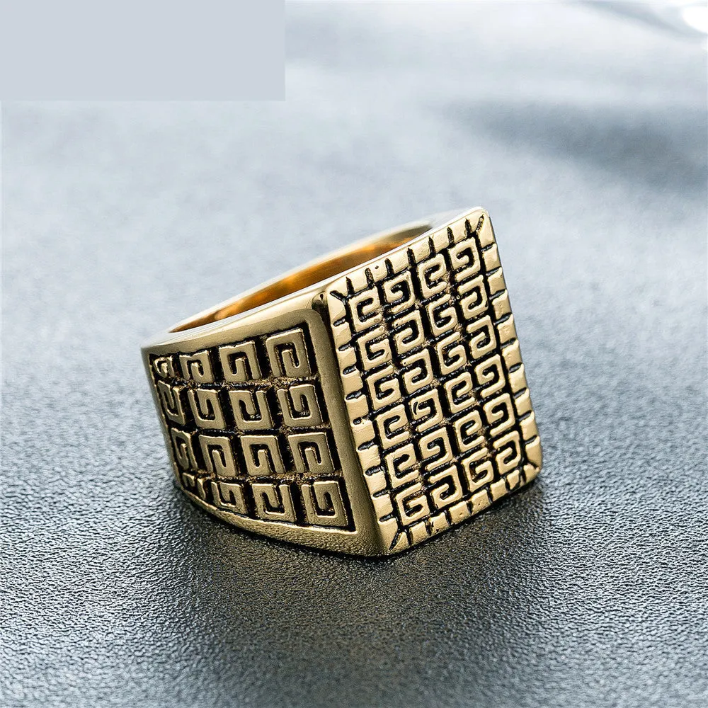 Square simple mens stainless steel ring in retro style, silver colour, size No. 10