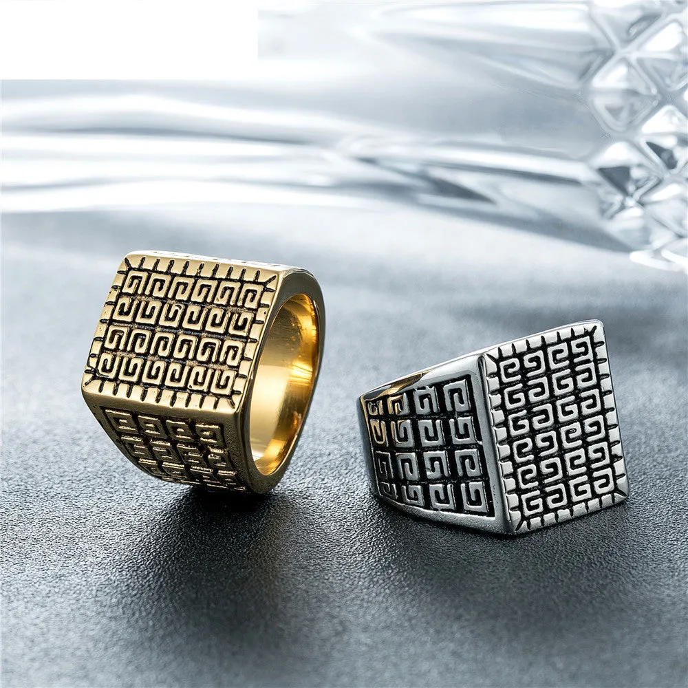 Square simple mens stainless steel ring in retro style, silver colour, size No. 10