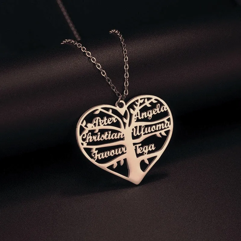 Personalised stainless steel necklace with hollow heart and tree pendant engraved with names, shown in silver finish.