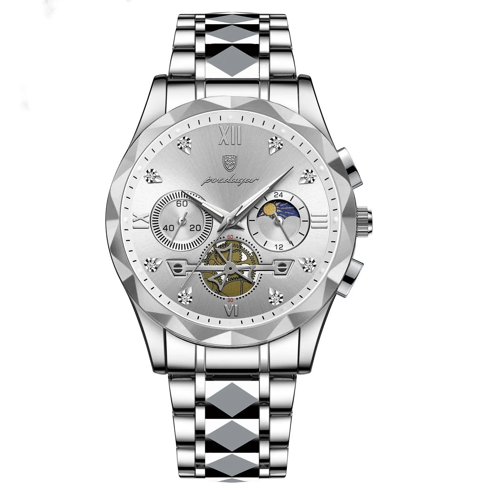 Men's waterproof multi-functional leisure watch with metal strap, 41mm dial, and mineral glass mirror in silver tone