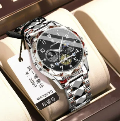 Men's waterproof multi-functional leisure watch with metal strap, 41mm dial, and mineral glass mirror in silver tone