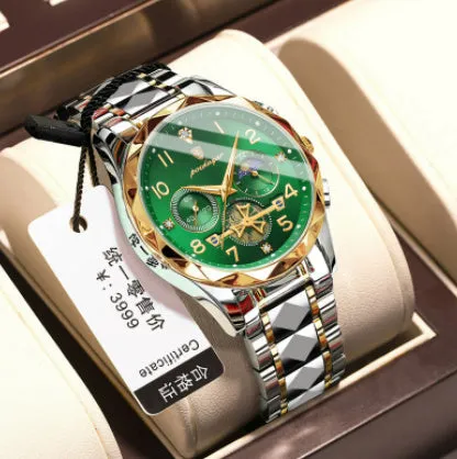 Men's waterproof multi-functional leisure watch with metal strap, 41mm dial, and mineral glass mirror in silver tone