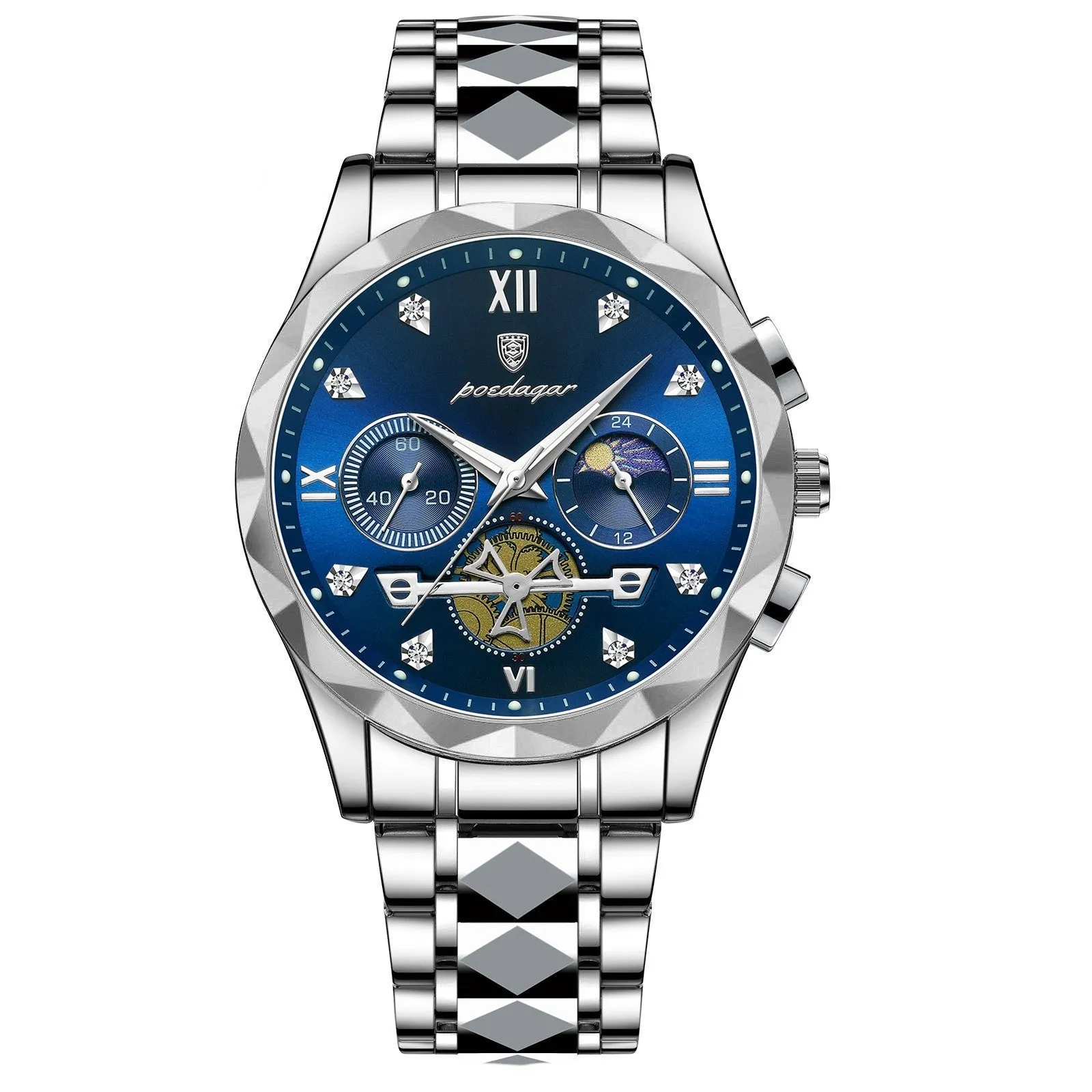 Men's waterproof multi-functional leisure watch with metal strap, 41mm dial, and mineral glass mirror in silver tone
