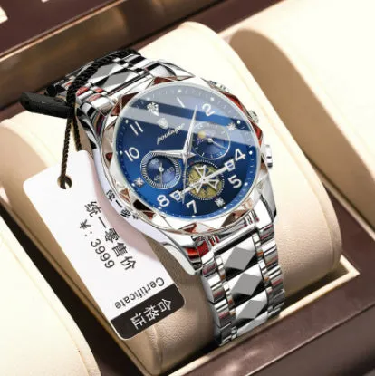 Men's waterproof multi-functional leisure watch with metal strap, 41mm dial, and mineral glass mirror in silver tone
