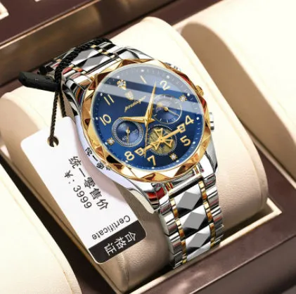 Men's waterproof multi-functional leisure watch with metal strap, 41mm dial, and mineral glass mirror in silver tone